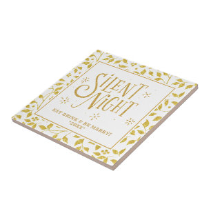 Silent Nights Typography & Gold Leafs Pattern Ceramic Tile