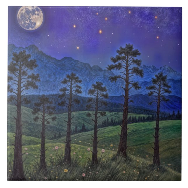 Silent Pines, Cosmic Dance – A Forest Landscape Ceramic Tile (Front)