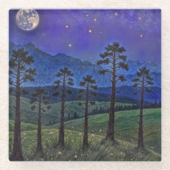 Silent Pines, Cosmic Dance – A Forest Landscape Glass Coaster (Front)