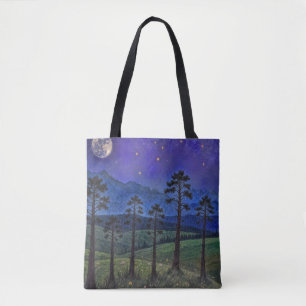 Silent Pines, Cosmic Dance – A Forest Landscape Tote Bag
