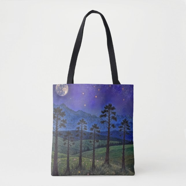 Silent Pines, Cosmic Dance – A Forest Landscape Tote Bag (Front)