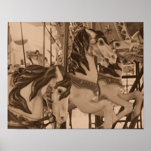 Silent Prancers Carousel Horses In Sepia Brown Poster