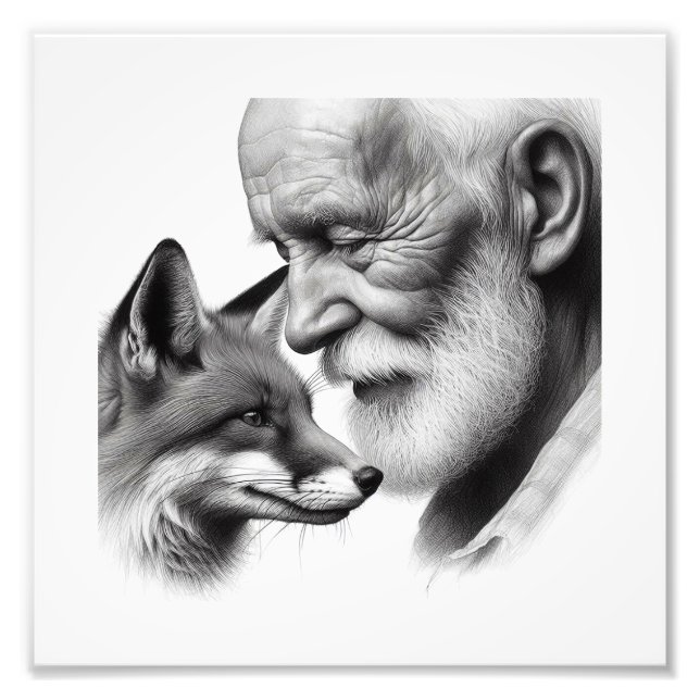 Silent Understanding: Older Man with Fox Wall Art (Front)