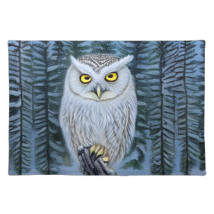 Silent Watch - Northern Winter Woods Gray Owl Cloth Placemat
