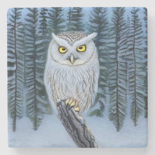 Silent Watch - Northern Winter Woods Gray Owl Stone Coaster