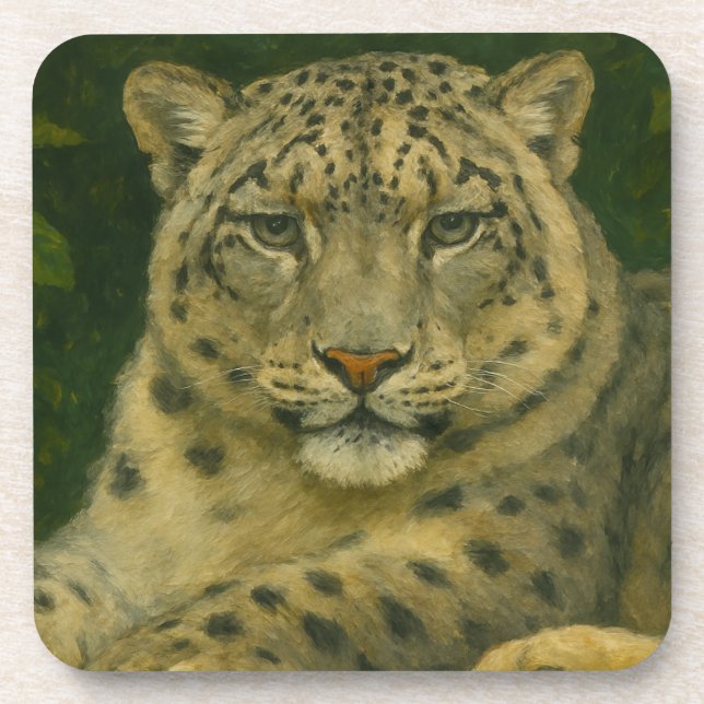 Silent Watcher – Snow Leopard in Forest Light Beverage Coaster (Front)