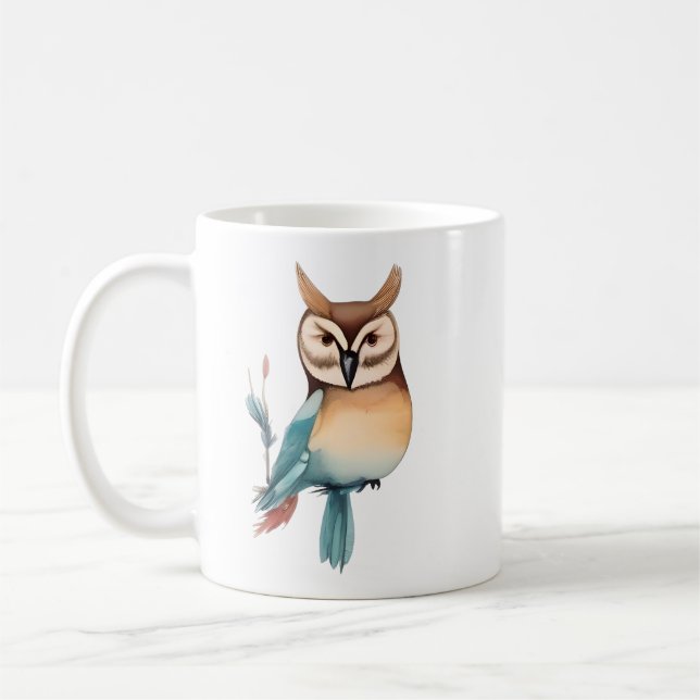 Silent Watcher: Whimsical Owl in Soft Tones Coffee Mug (Left)