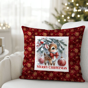 Silent winter scene snowy baby fawn Christmas Throw Pillow