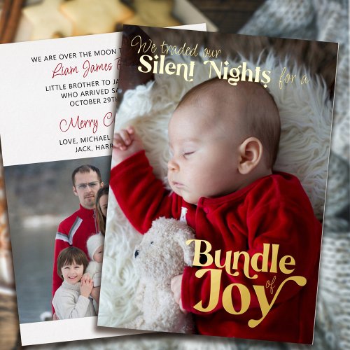 Silents Nights Bundle of Joy 2 Photo Baby Birth Foil Holiday Card