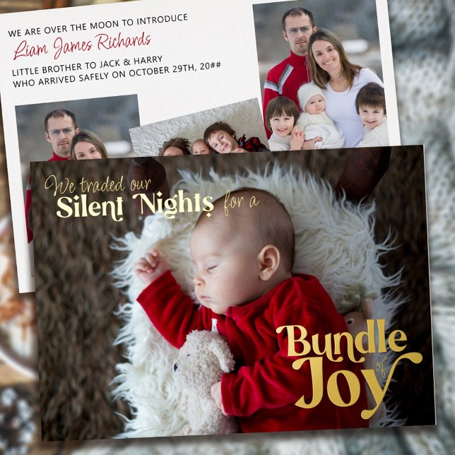 Silents Nights Bundle of Joy 4 Photo Baby Birth Foil Holiday Card (Creator Uploaded)