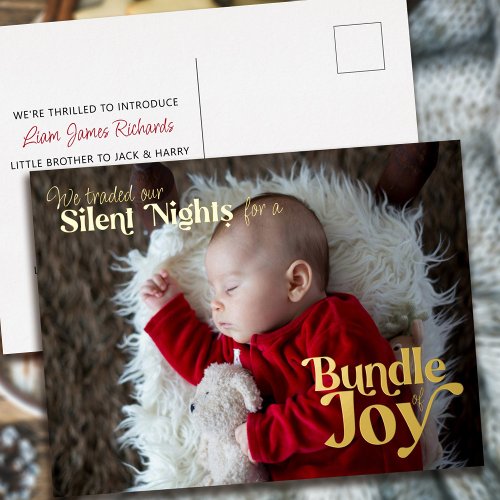 Silents Nights Bundle of Joy Baby First Christmas Foil Holiday Postcard