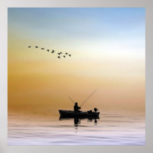 Silhouette angler fishing on lake poster