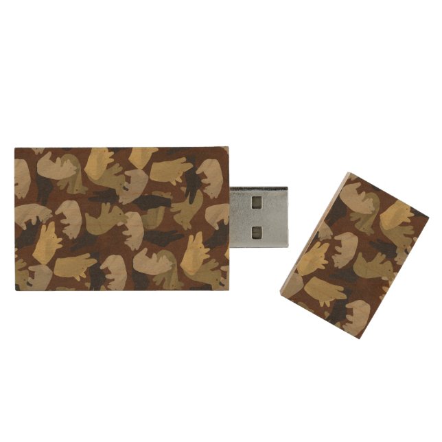 Silhouette Animal Camouflage Brown Wood USB Flash Drive (Opened)