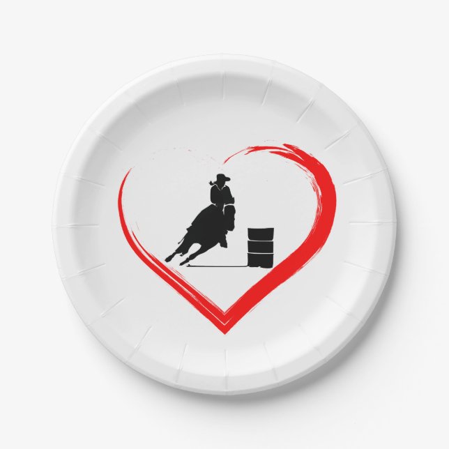 Silhouette Barrel Racing Cowgirl, Horse and Heart Paper Plates (Front)
