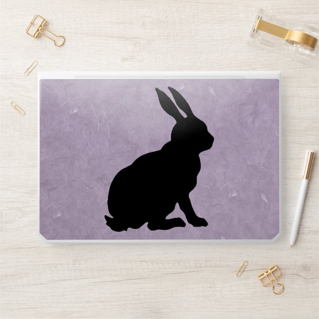 Silhouette Black Sitting Rabbit on Pretty Purple HP Laptop Skin (Desk)