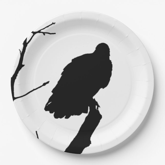 Silhouette Black & White Vulture Bird of Prey Paper Plates (Front)