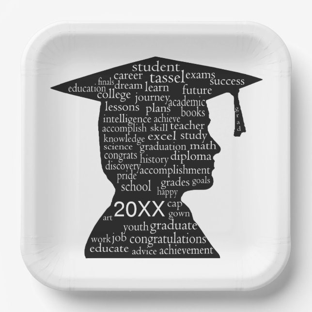 Silhouette Boy Graduate on White  Paper Plates (Front)