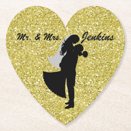 Silhouette Bride  Groom Gold Faux Glitter Paper Coaster