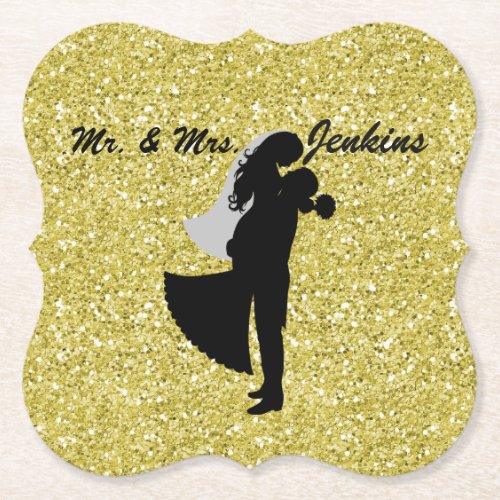 Silhouette Bride  Groom Gold Faux Glitter Paper Coaster