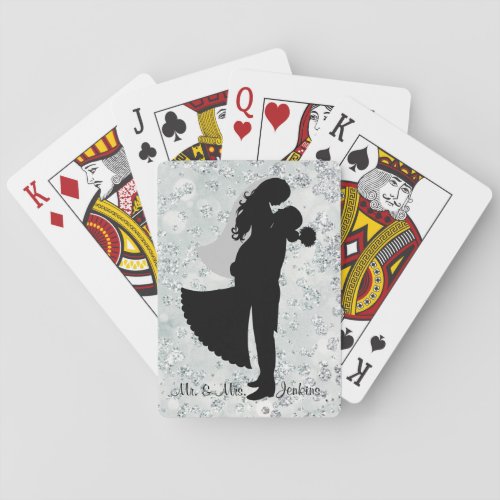 Silhouette Bride  Groom Silver Bokeh Bling Poker Cards