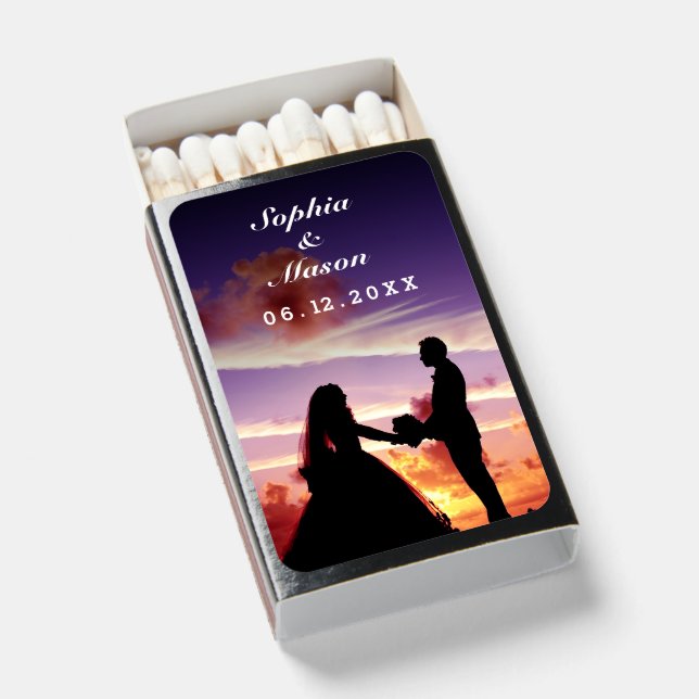 Silhouette Bride & Groom Sunset Wedding Reception Matchboxes (Front Open)