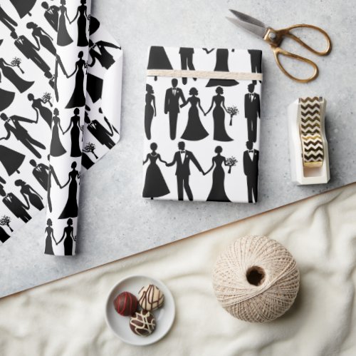 Silhouette Brides and Grooms Wedding Wrapping Paper