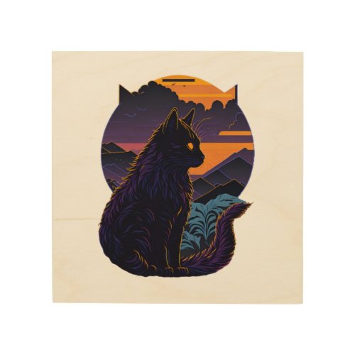 Silhouette Cat At Sunset Design Wood Wall Art