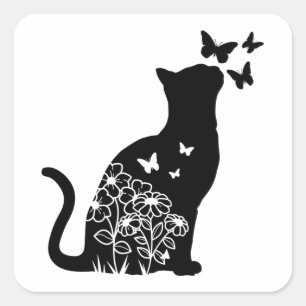 Silhouette Cat & Butterflies, Cat Lover, Cat Owner Square Sticker