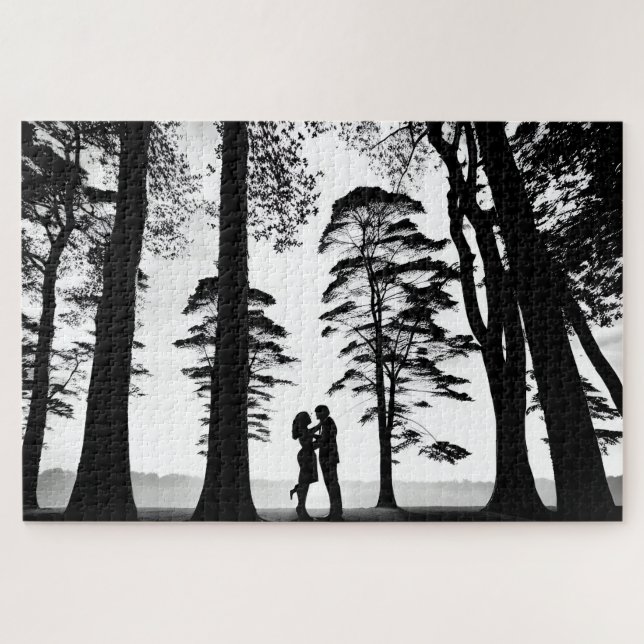 Silhouette Couple Embrace in Black White Forest Jigsaw Puzzle (Horizontal)