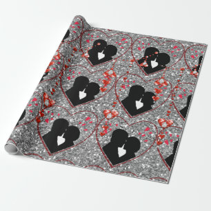 Silhouette Couple Red Heart Droplets Silver Wrapping Paper