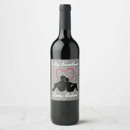 Silhouette Couple Sitting Red Heart Silver Wine Label