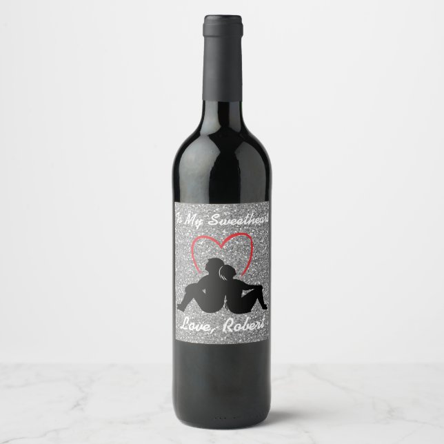Silhouette Couple Sitting Red Heart Silver Wine Label (Front)