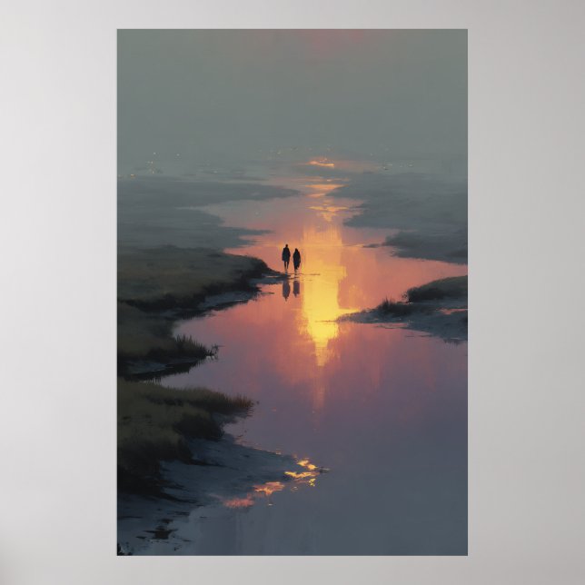 Silhouette Couple Sunset Stream Reflection Poster (Front)