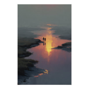 Silhouette Couple Sunset Stream Reflection Poster
