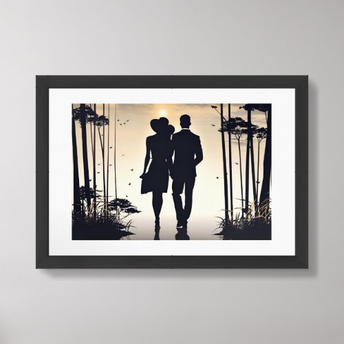 Silhouette Couple Walk into a Lovely Beachy Sunset Framed Art