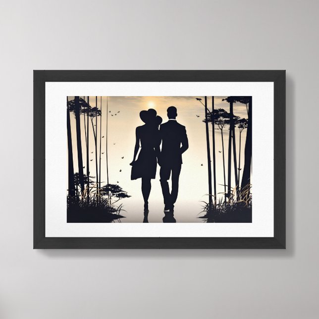 Silhouette Couple Walk into a Lovely Beachy Sunset Framed Art (Framed Front)
