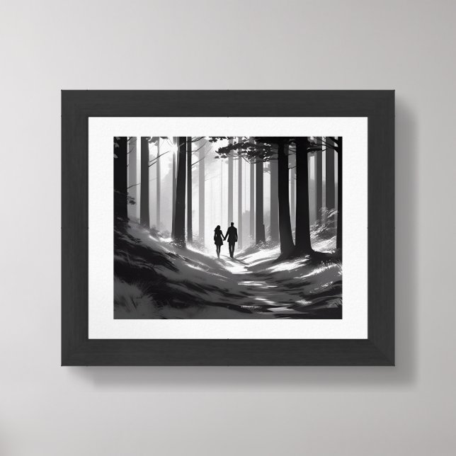 Silhouette Couple Walking Through Forest Path Framed Art (Framed Front)