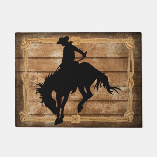 Silhouette Cowboy on a Bucking Bronco Horse Doormat