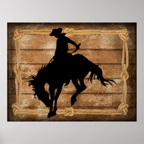 Silhouette cowboy on a bucking bronco horse poster