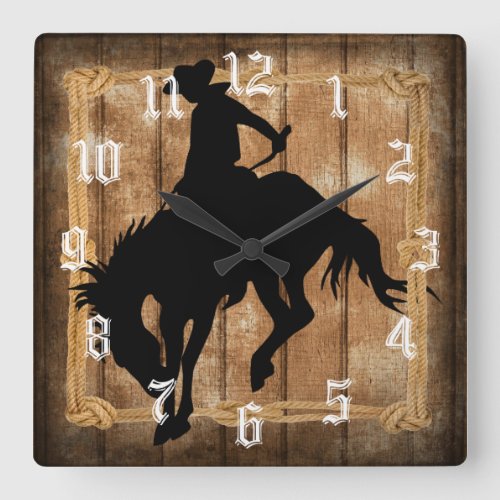 Silhouette Cowboy on a Bucking Bronco Horse Square Wall Clock