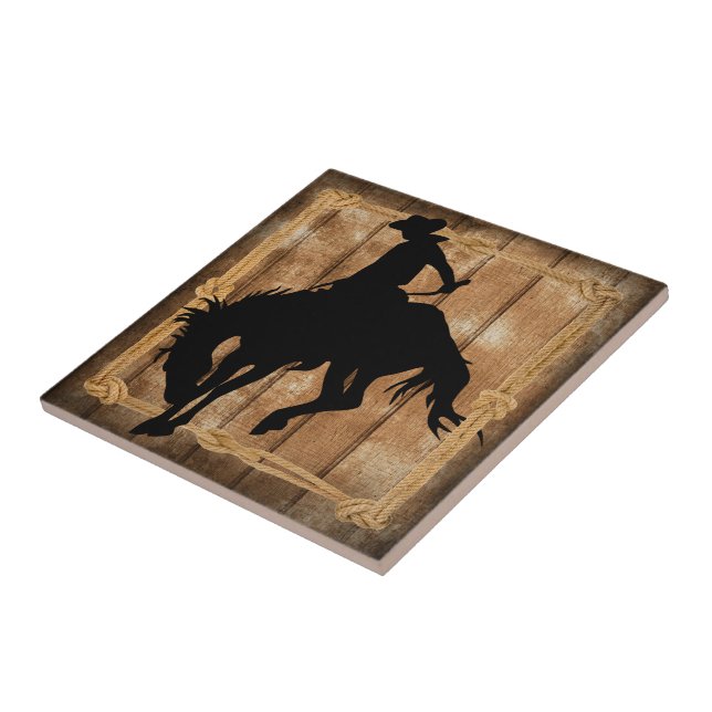 Silhouette Cowboy on a Bucking Bronco Horse Tile (Side)