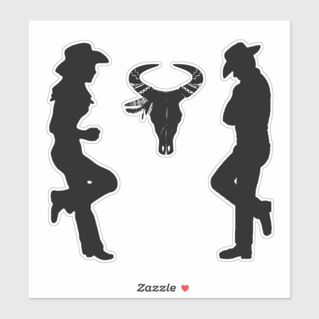 Silhouette Cowgirl Cowboy and Bull Skull Sticker (Sheet)
