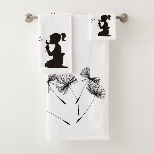 Silhouette Dandelion Blowing White and Black Bath Towel Set (Insitu)