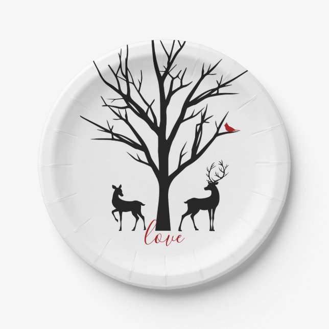 Silhouette Deer Couple in Love Winter Paper Plates (Front)