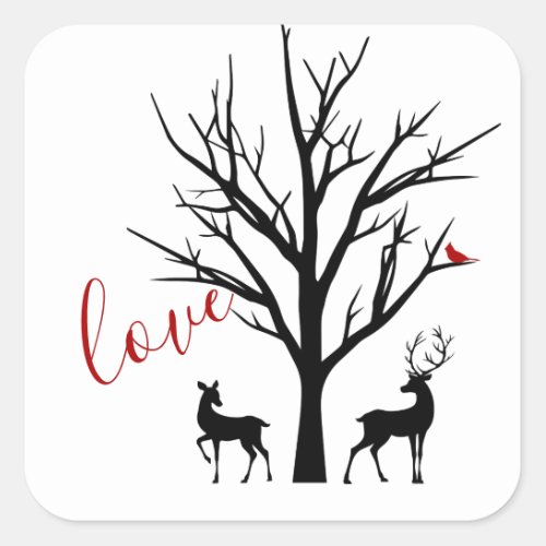 Silhouette Deer Couple in Love Winter Square Sticker