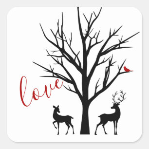 Silhouette Deer Couple in Love Winter Square Sticker