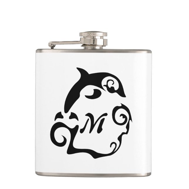 Silhouette Dolphin in a Black Sea Wave Flask (Front)