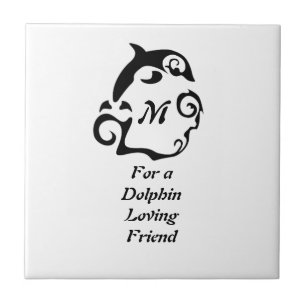 Silhouette Dolphin in a Black Sea Wave Monogram Ceramic Tile