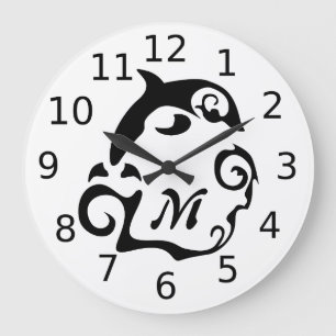Silhouette Dolphin in a Black Sea Wave Monogram Large Clock