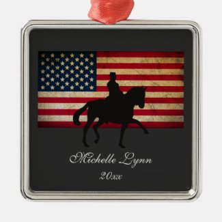 Silhouette Dressage Horse and American Flag USA Metal Ornament